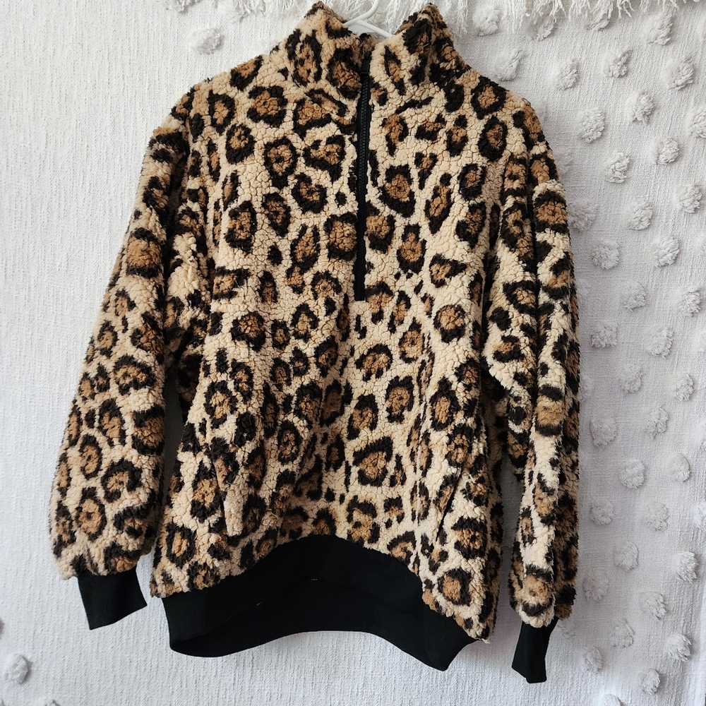 Express One Eleven Leopard Print Sherpa Fleece Pullover